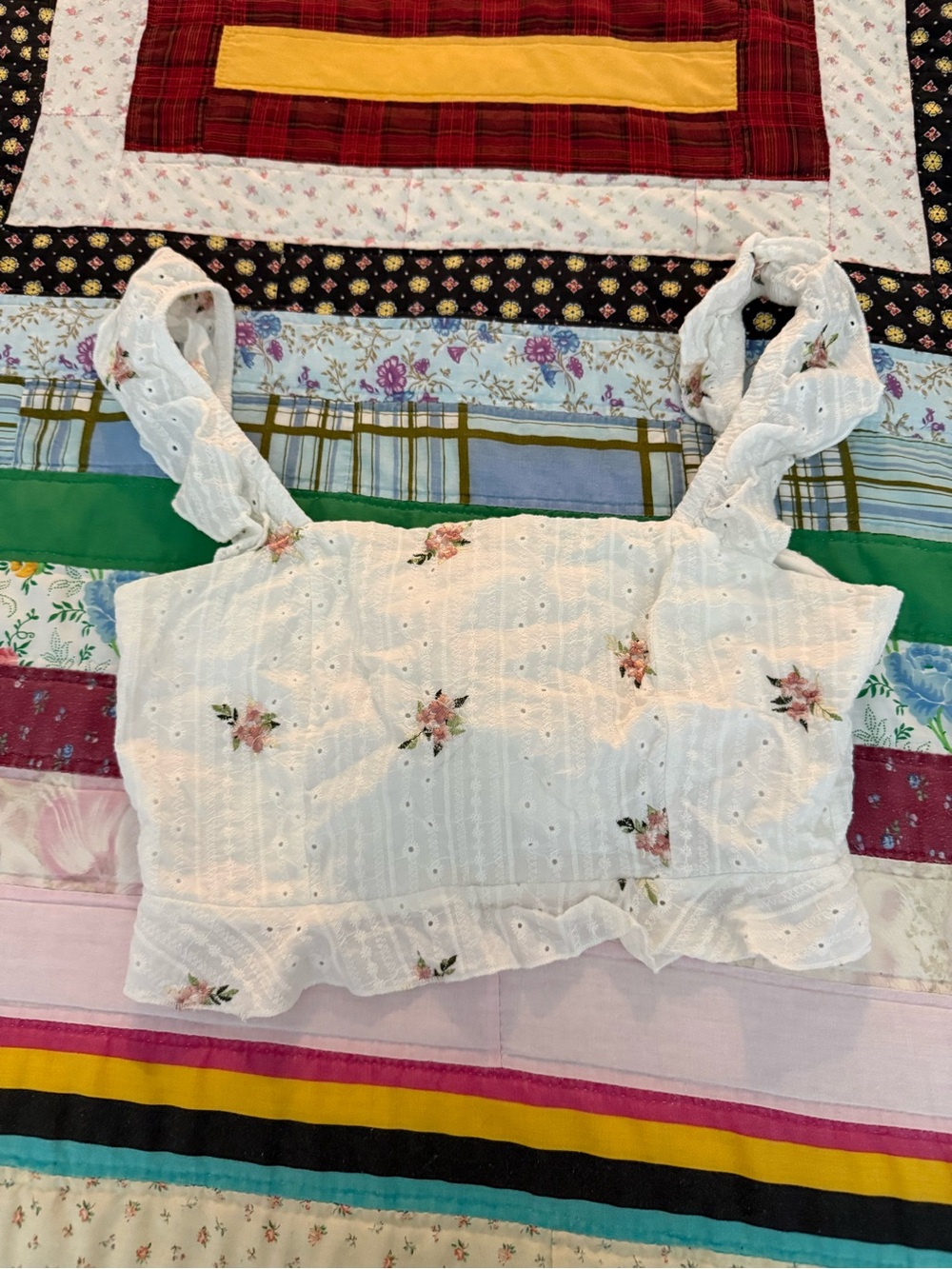 White Floral Eyelet Ruffled Crop Top